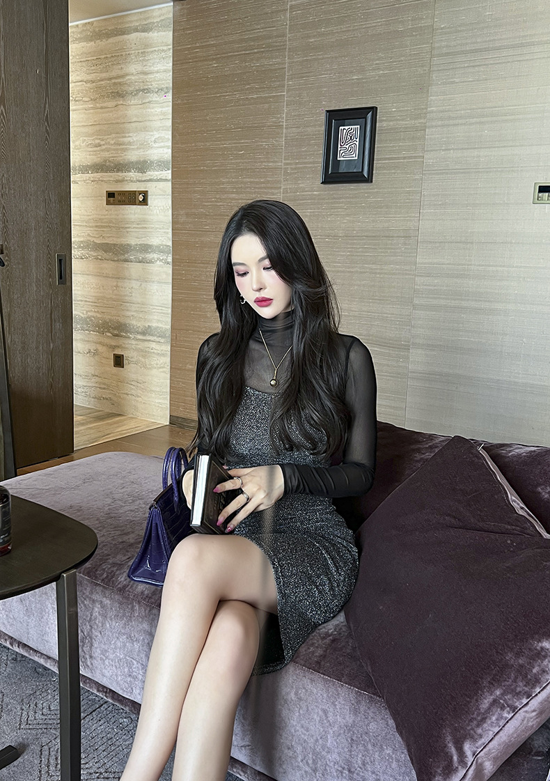Váy liền ôm sát kiểu Pháp phối lưới gợi cảm, có chân váy trong — Màu đen chi tiết 11