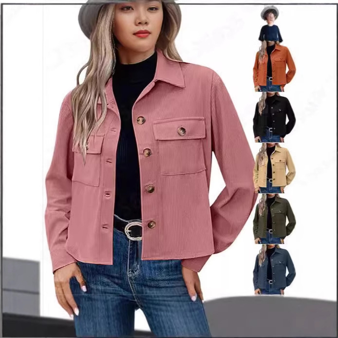 Amazon 2024 European and American Style Fashion Casual Short Corduroy Button-Up Crop Jacket Top