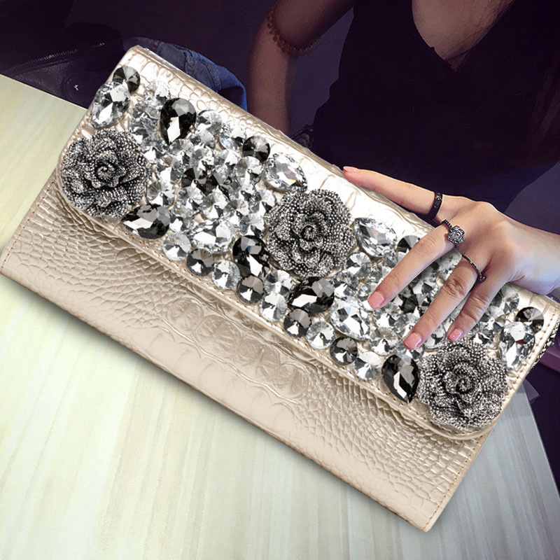 Elegant Diamond-Encrusted Women's Clutch Bag, Fashionable Genuine Leather Large Capacity Evening Bag For Banquets - Thumbnail 2