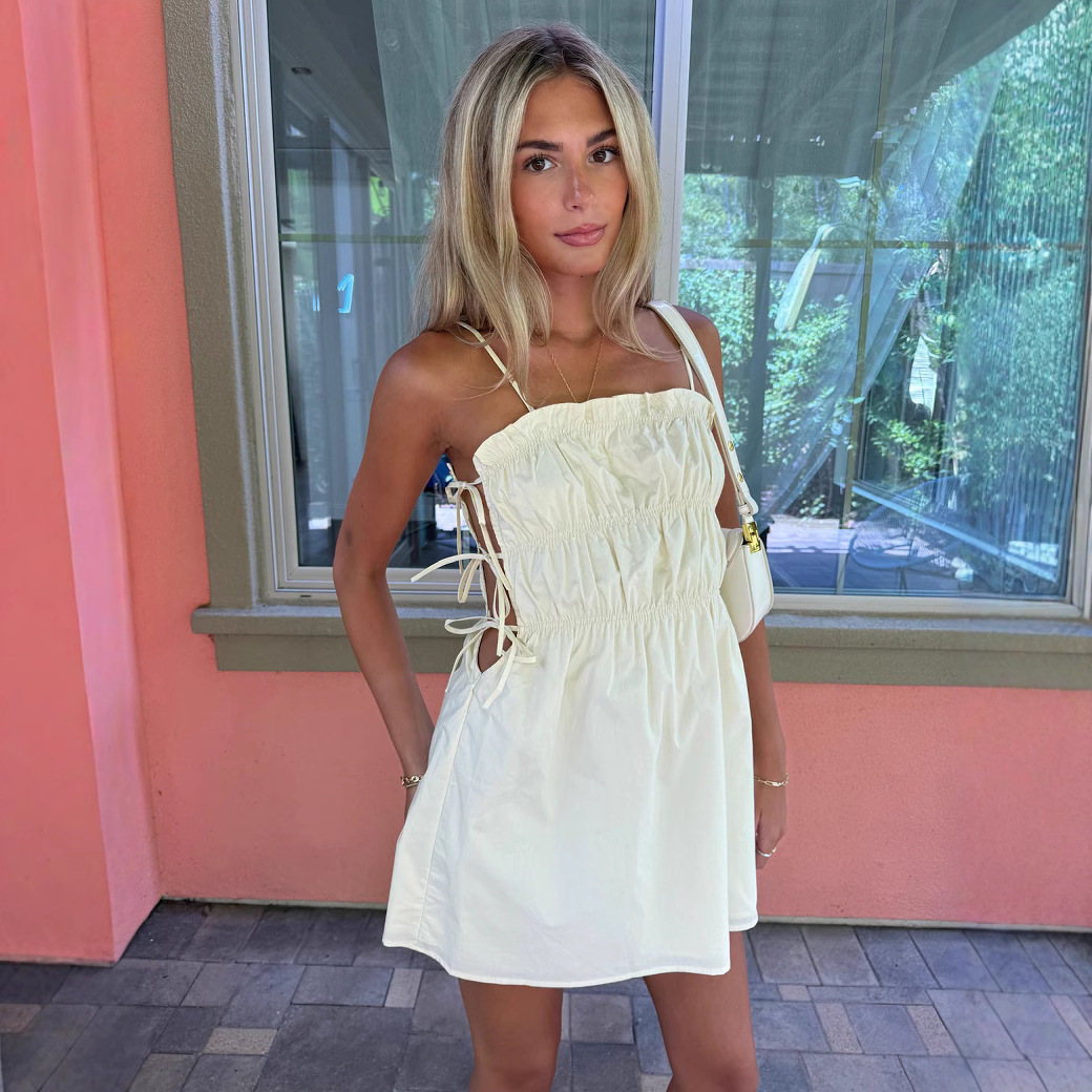 Lace-up Solid Color Shoulder Strap Tube Top Dress