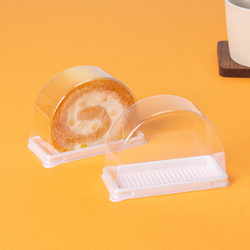 蛋糕卷單個打包盒白底一次性透明瑞士卷虎皮卷盒半圓班戟盒烘焙盒