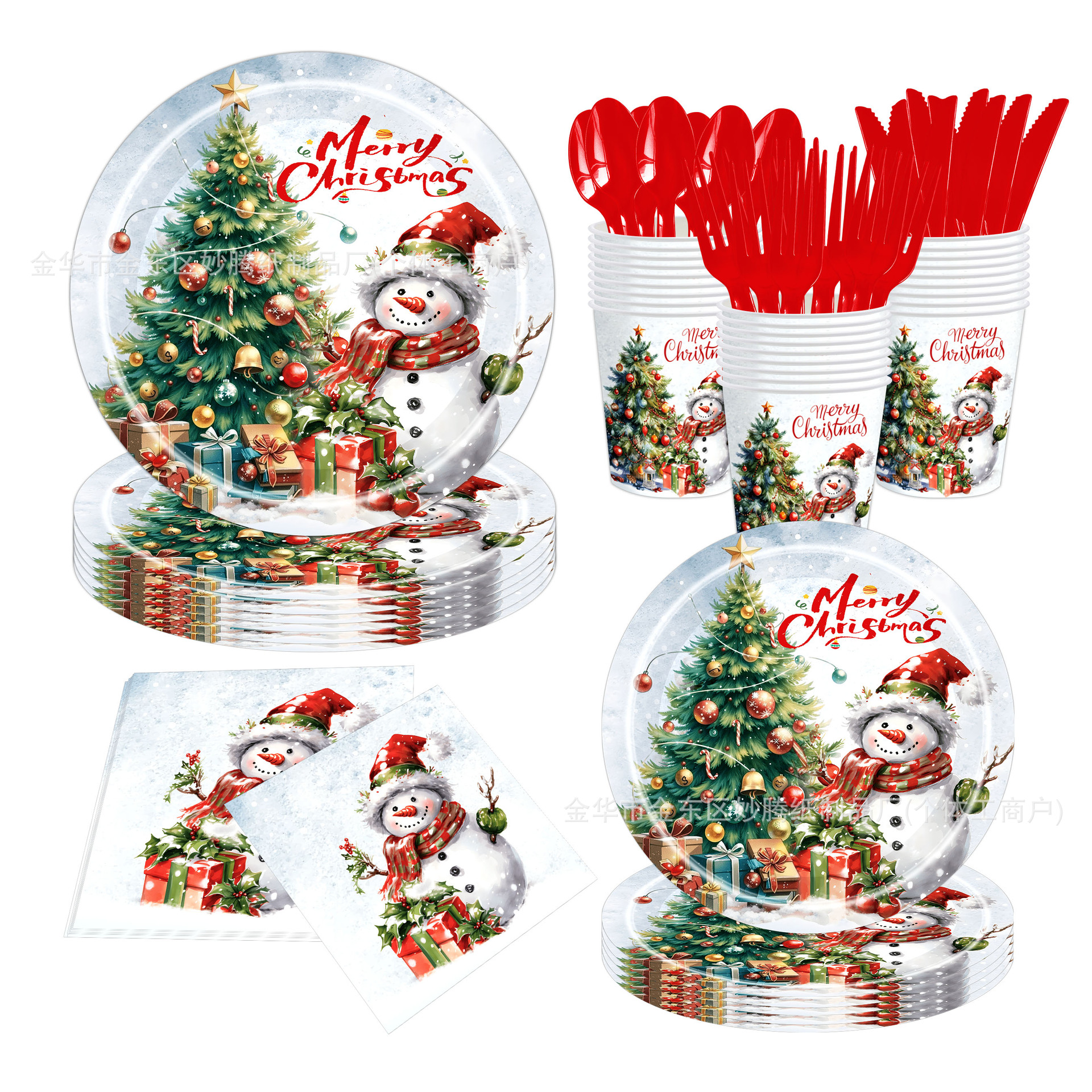 Nuevo muñeco de nieve de Navidad regalo de árbol de Navidad juego de cubiertos desechables decoración de fiesta juego de platos de papel desechables