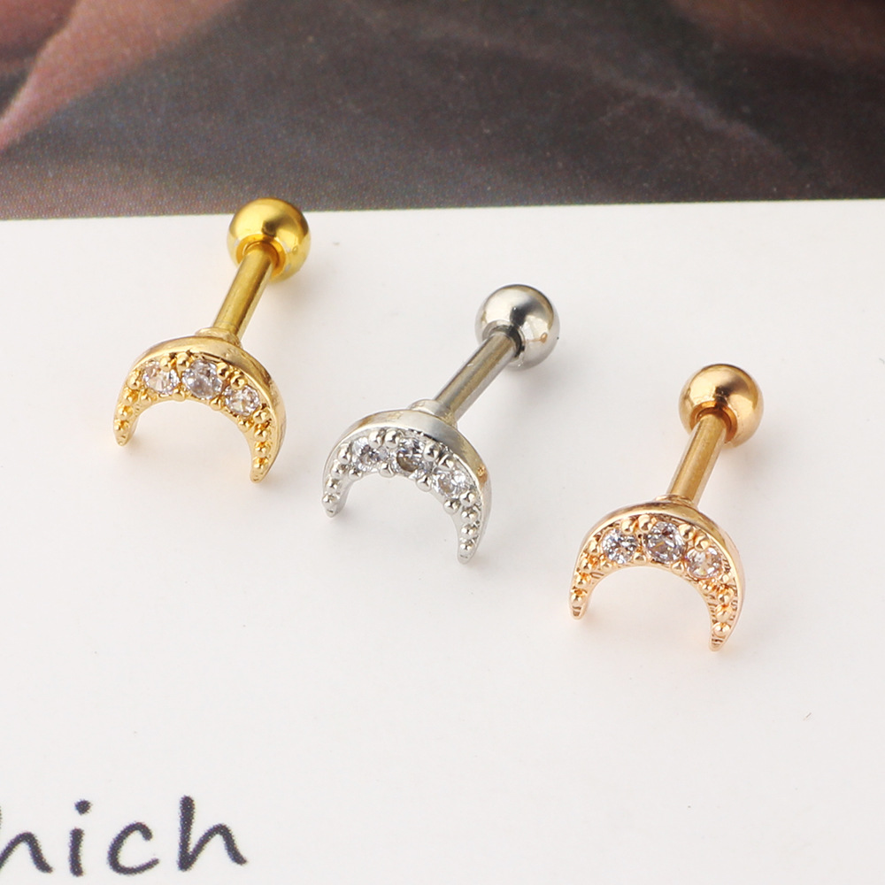 Simple Style Moon Stainless Steel Zircon lip stud Ear Studs 1 Piece