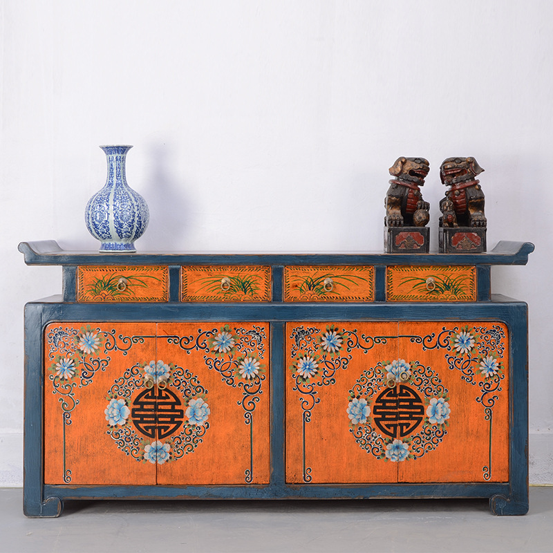 中式仿古典翘头餐边柜实木储物柜客厅手绘玄关柜台复古柜做旧家具