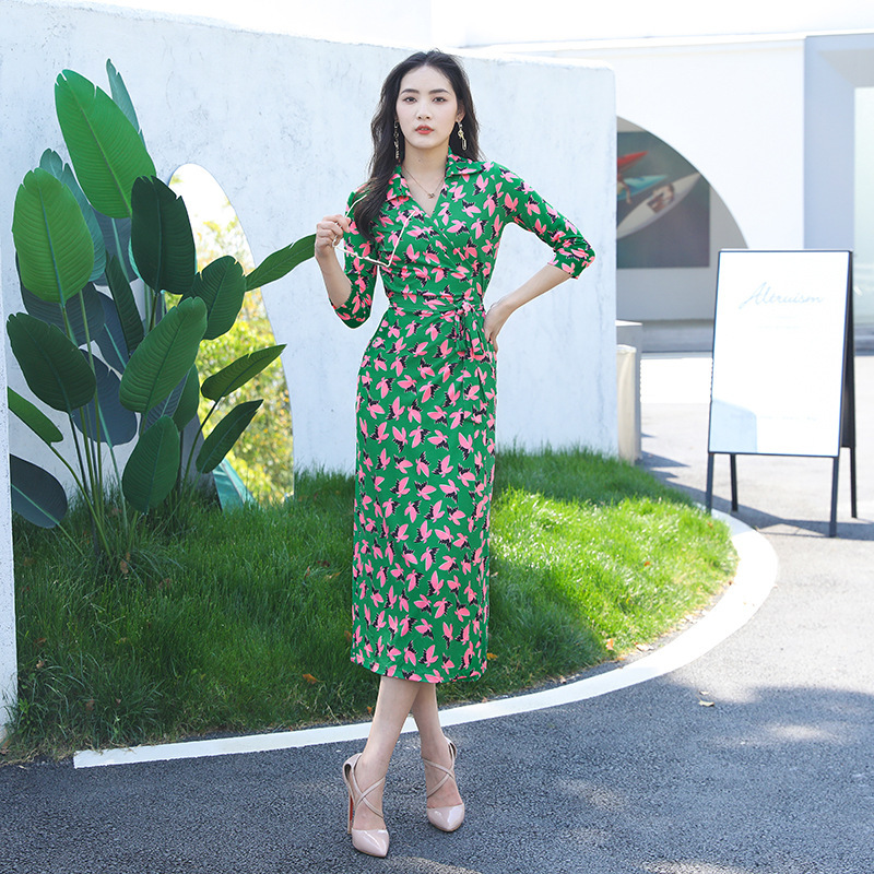 2022 Summer Pink Butterfly Floral Wrap Dress Knitted Bodycon Bandage Slit Dress Women's Commuter Style Long Dress