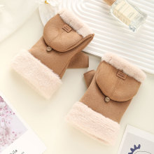 保暖手套麂皮绒女款学生秋冬季可爱加绒加厚毛绒翻盖办公触屏半指