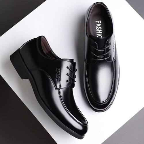 Soft Leather and Green Leather Shoes with Internal Height Increase, Breathable Business Formal Laced Black Men's Shoes with Soft Sole and Round Toe