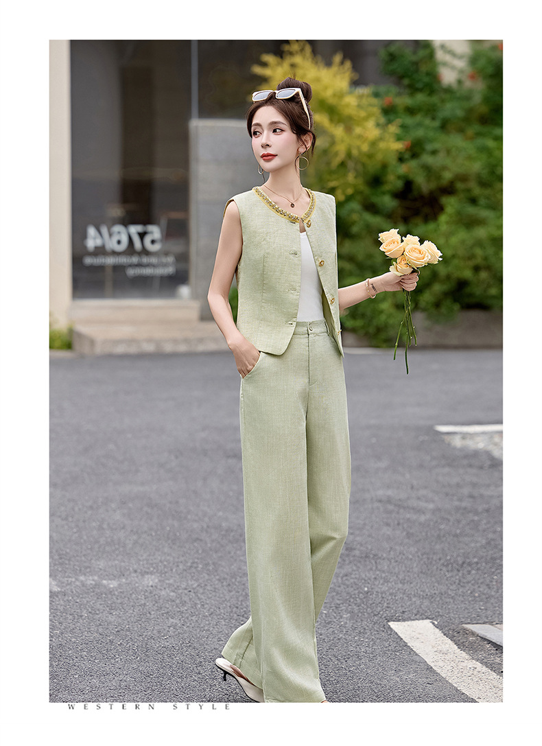Bộ yếm quần ống rộng nữ hai mảnh không tay phối quần ống rộng cao cấp HE6605 — Màu hồng, xanh lá cây chi tiết 10