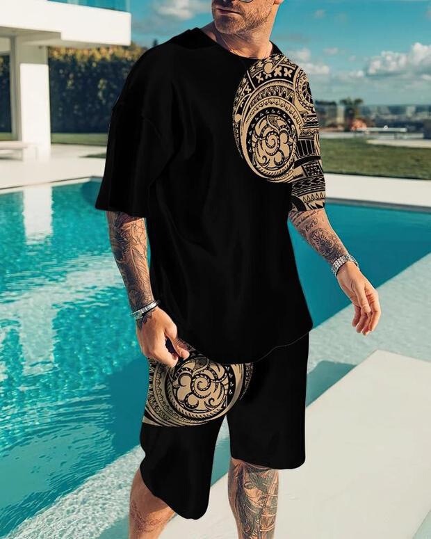 European and American foreign trade new men's 3D suit Amazon cross-border street casual men's shorts crew neck short sleeve T-shirt
