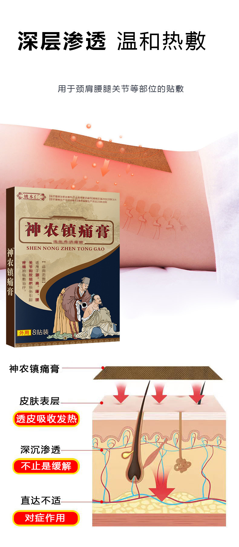 Shennong Pain Relief Herbal Patch for Neck Shoulder Waist Leg Joint Discomfort Self-Heating Far Infrared 8 Patches Per Box specifications