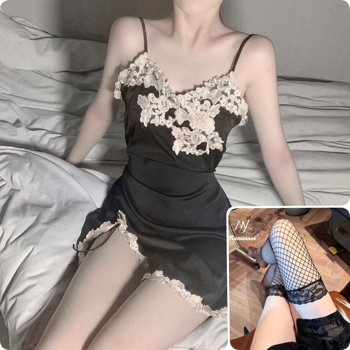 검은색 잠옷 + 팬티 + 망사스타킹