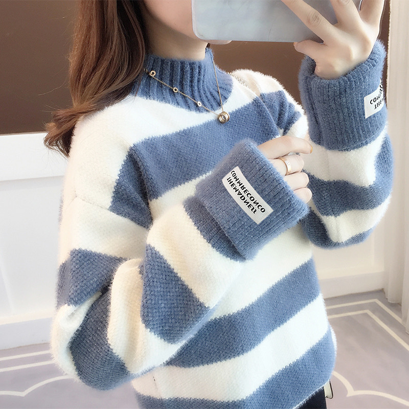 2024 Trendy Striped Tops Women's New Loose Large Sweater Women's Cardigan Thickened Warm Outer Top Women's