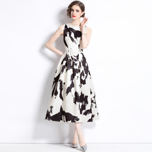 夏新品水墨艺术印花圆领无袖高腰A字韩系收腰显瘦连衣裙女伞裙