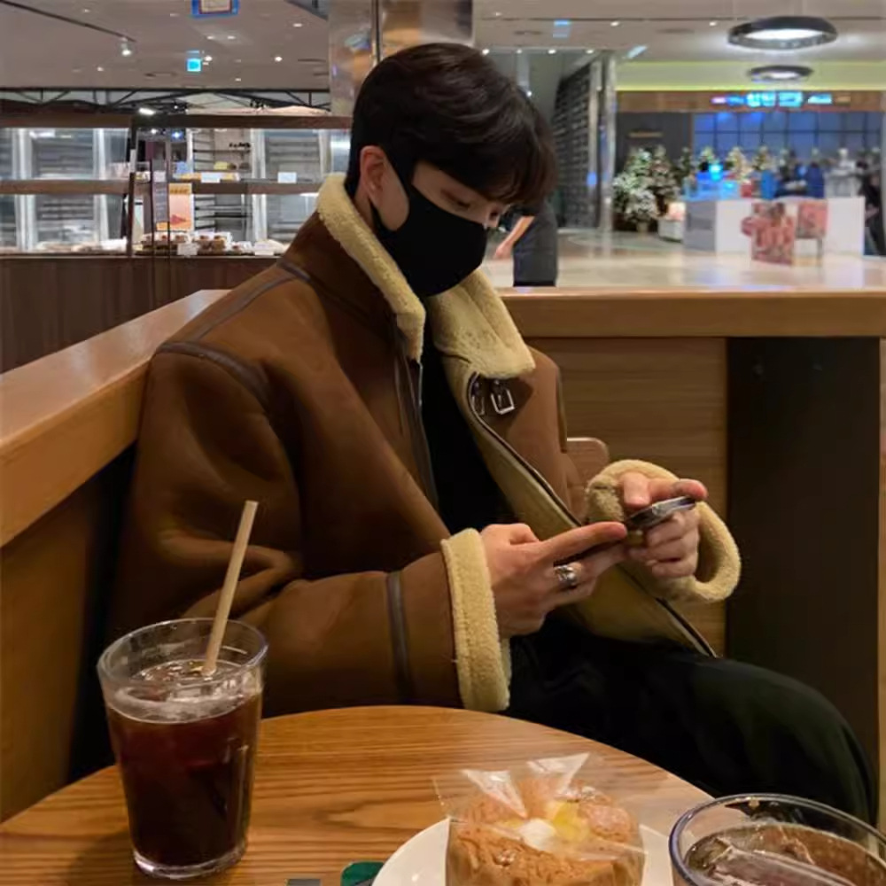 羊羔毛立领棉衣外套男冬季美式复古机车棉服加厚保暖麂皮绒棉袄子