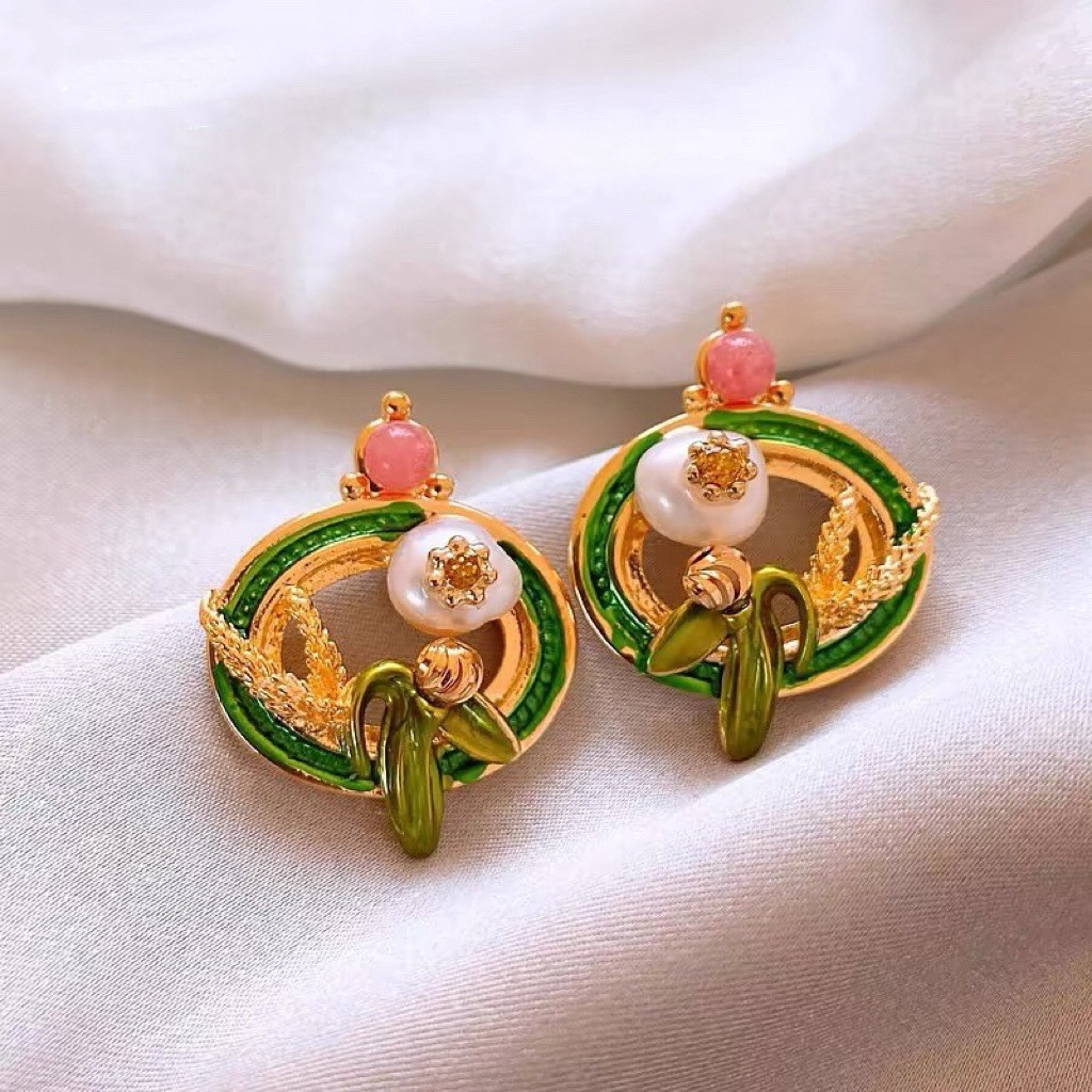 Monet Garden Pintura al óleo Pendientes de perlas de flores de viento Pendientes de lujo ligero de alta calidad Pendientes frescos dulces franceses mujeres