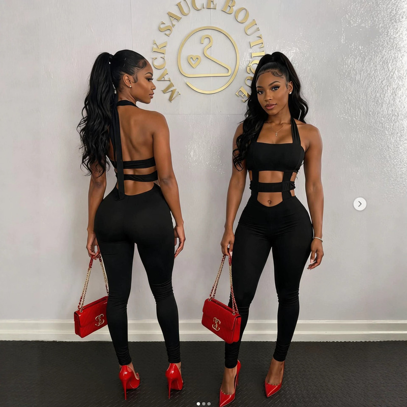 Fc1516 European and American Summer Fashion Solid Color Hollow-Out Sexy Sleeveless Tie High-Waisted Bodycon Jumpsuit Set Fc1516 European and American Summer Fashion Solid Color Hollow-Out Sexy Sleeveless Tie High-Waisted Bodycon Jumpsuit Set