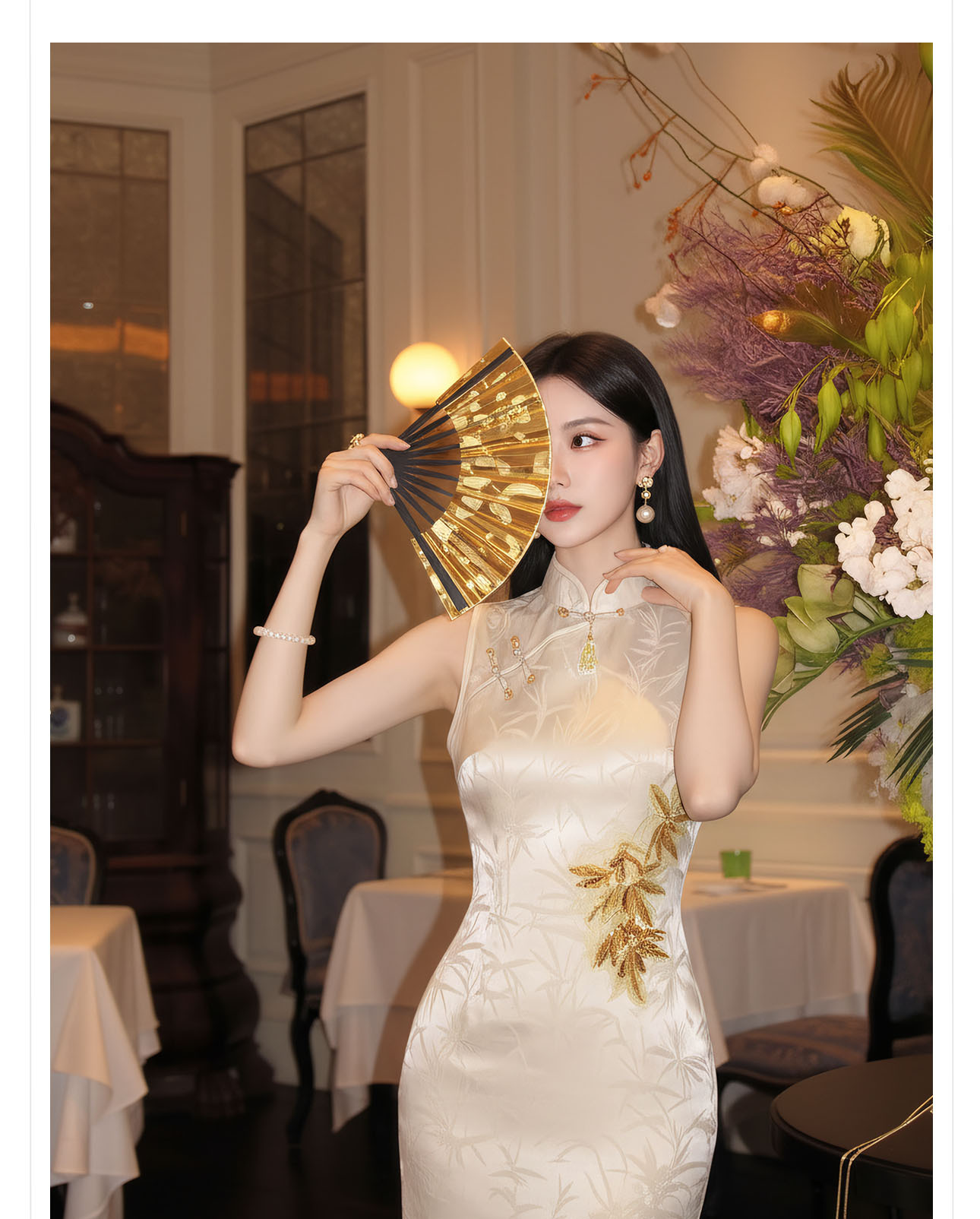 Đầm maxi thắt eo phong cách tân cổ điển họa tiết hoa văn nổi — màu mơ chi tiết 2