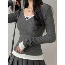 I 27168 Color Block Fake Two-piece T-shirt ײɫ������ T ��