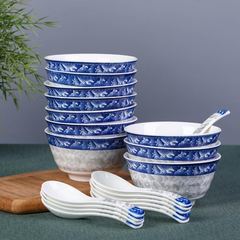 青と白の磁器の丼 4/6/10 クリエイティブセラミック丼、ヌードルボウル、スープボウル、食器、電子レンジ対応和風丸ボウル