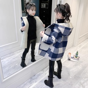 Girls' Woolen Coat, Spring and Autumn 2023 Korean Style, Children's Fleece-Lined Thickened Mid-Length Warm Coat