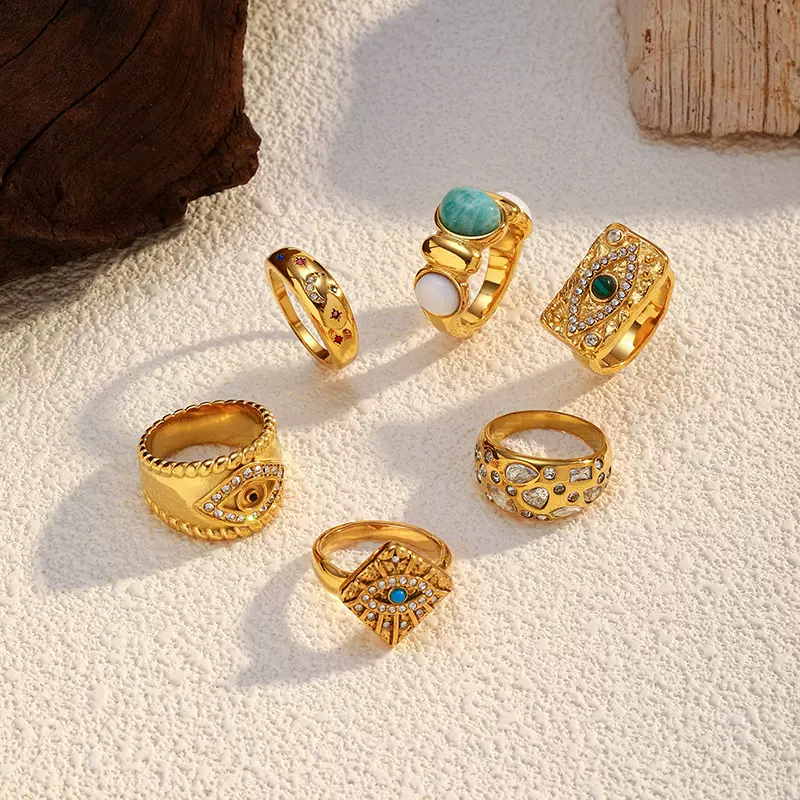 欧美跨境热卖椭圆天然石开口戒指女钛钢镀金复古简约耳饰戒指套装