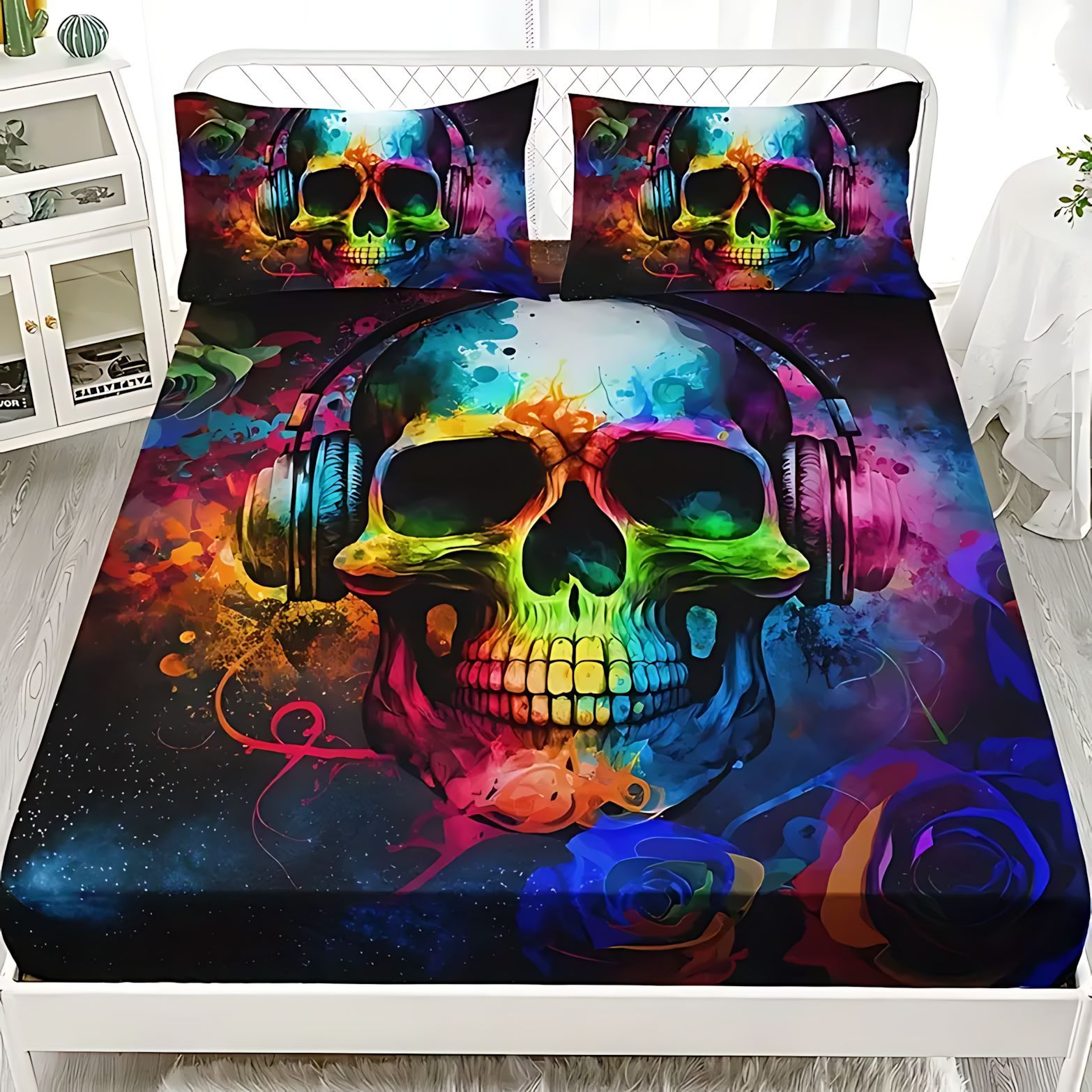 TEMU / JIT serie de esqueleto oscuro impresión digital de alta definición cama molida cama caseta colchón conjunto de ropa de cama
