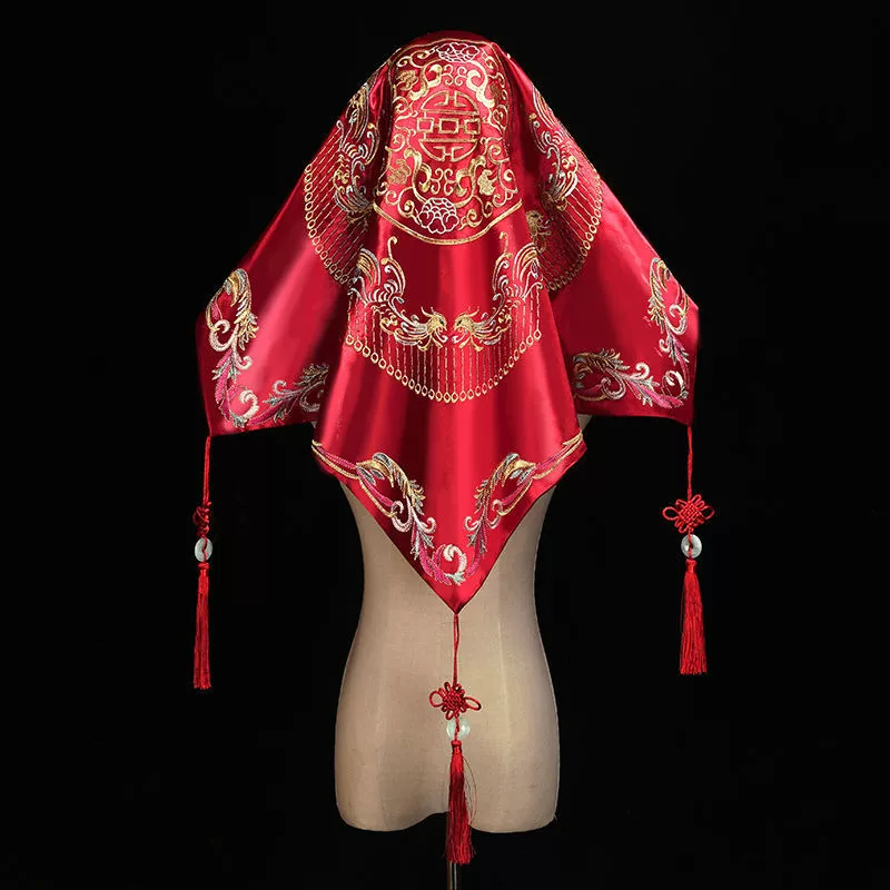 Red Hijab Bridal Wedding Veil Retro Red Embroidered Satin Tassel Embroidery HiPa Bridal Red Hijab Feng Lun
