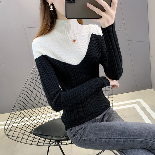Autumn New Slim-Fit Base Layer Thin Sweater—Fall/Winter Stretch Top, White Half-Turtleneck Knitted Bottoming Shirt for Women