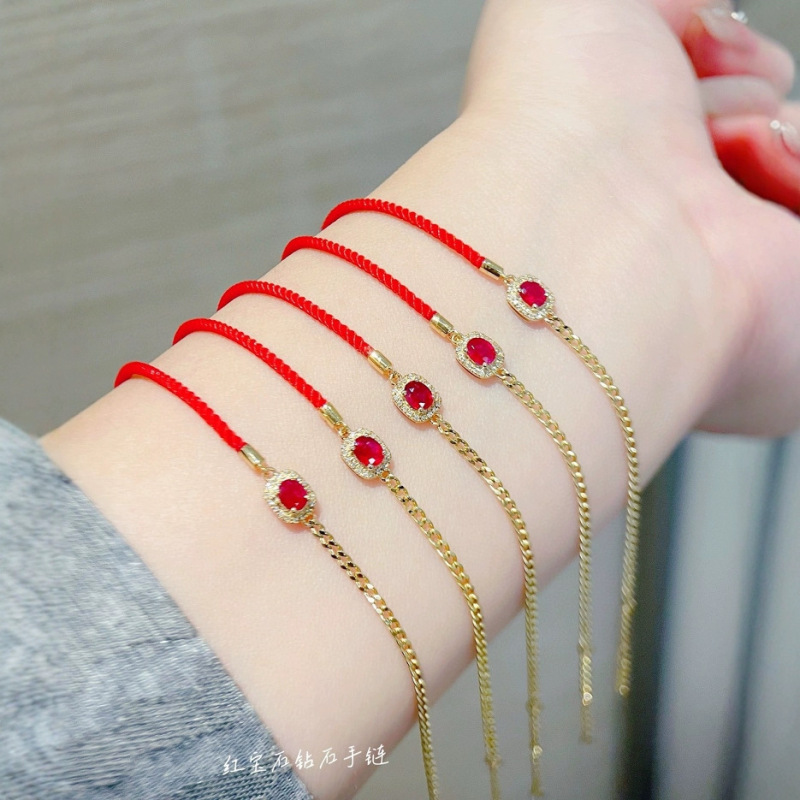 18K Gold Natural Ruby Diamond Bracelet Water Bei Wholesale Au750 Half Rope Half Chain Cuban Chain Bracelet