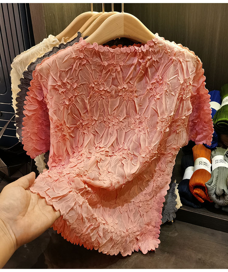 Áo thun nữ tay ngắn cổ tròn chất liệu cotton dập nổi hoa văn nổi cao cấp — Màu đen, Màu đào, Màu trắng, Màu xám chi tiết 29