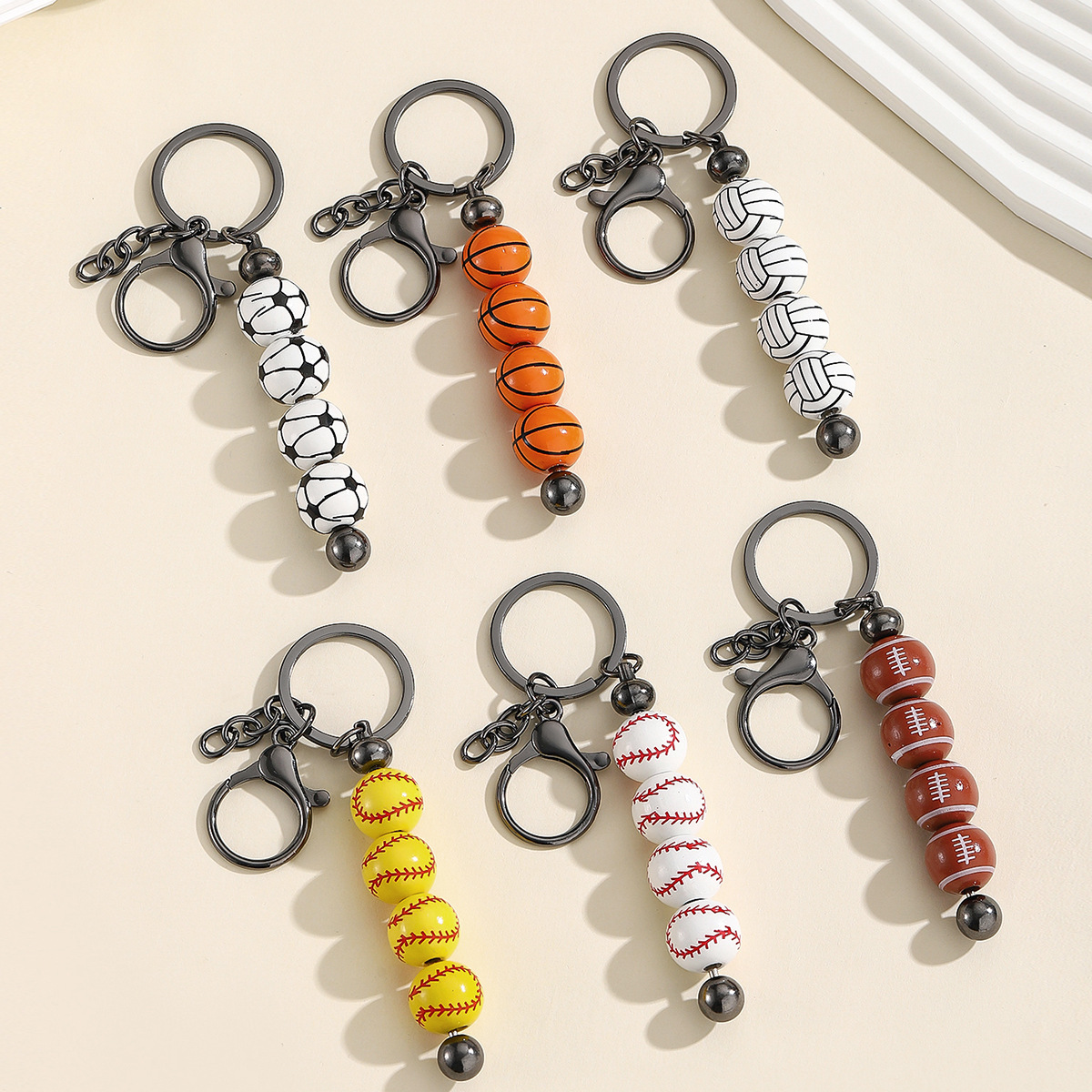 New Sports Style Baseball Volleyball Beaded Keychain Pendant Baseball Wooden Key Hanging Decoration Anti-lost Creative Hanging Decoration