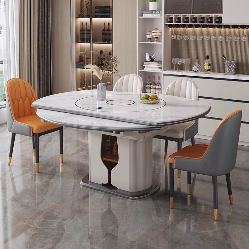 Solid Wood Rock Slab Extendable Dining Table and Chair Set with Induction Cooker, Electric Warming Tray, Round Dining Table with Storage Cabinet