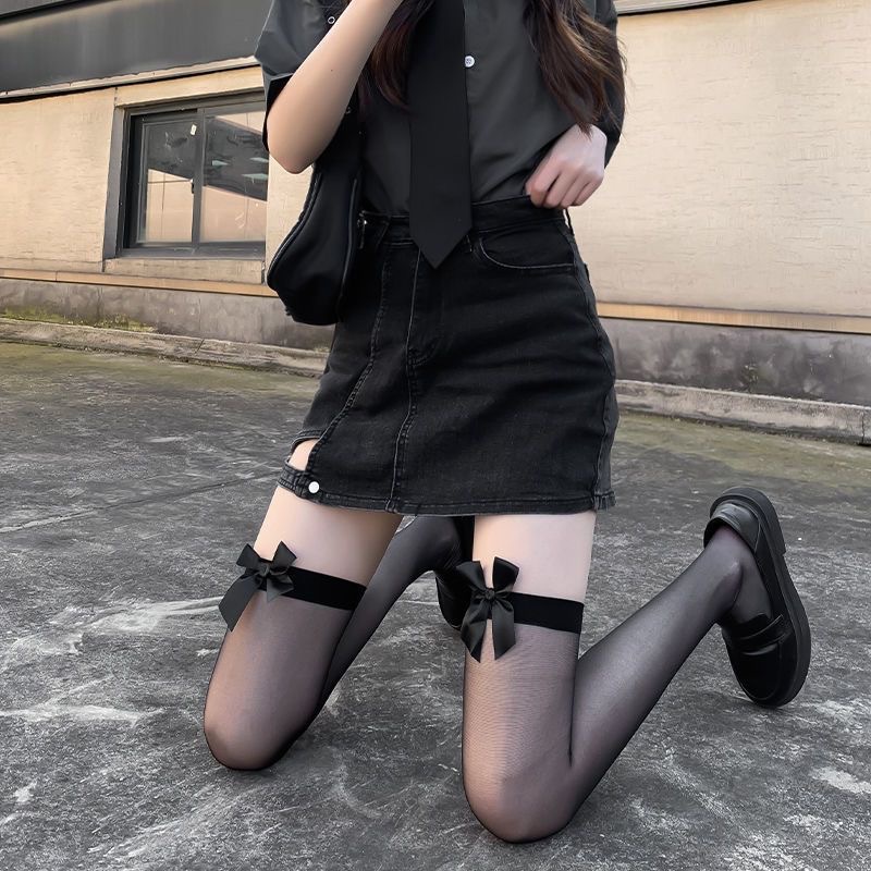 Solid Color Sexy Stockings Sexy Fishnet Stockings Bow Black Stockings Women Summer Thin Stockings Lace Over The Knee Socks display picture 2