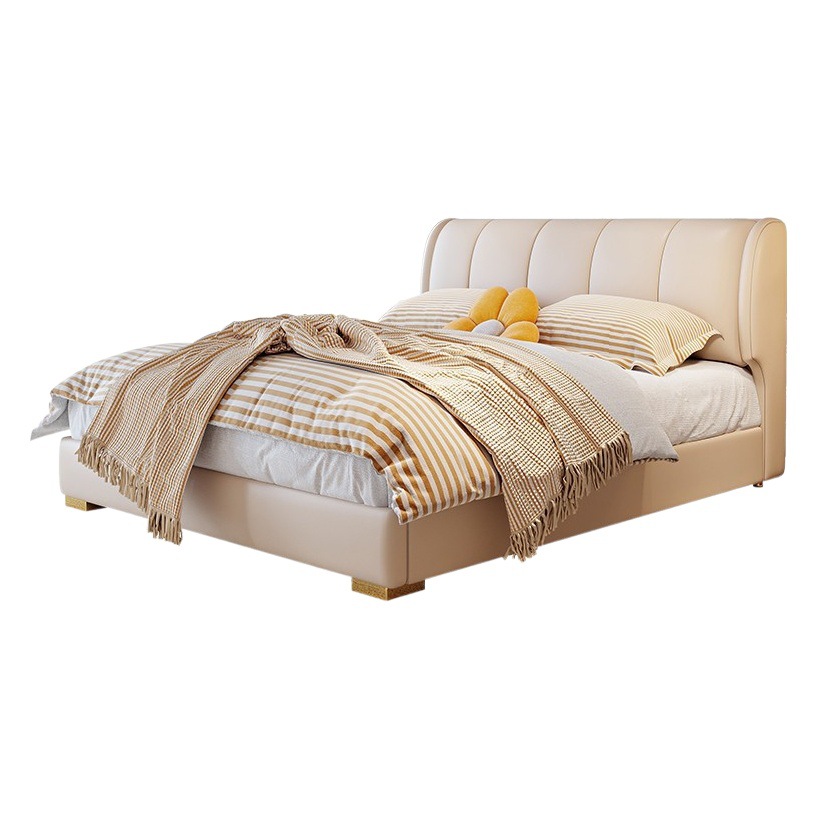 Cama de cuero genuino, cama grande moderna y minimalista para dormitorio principal, cama tapizada minimalista con almacenamiento, cama doble para dormitorio con características de almacenamiento. image 1