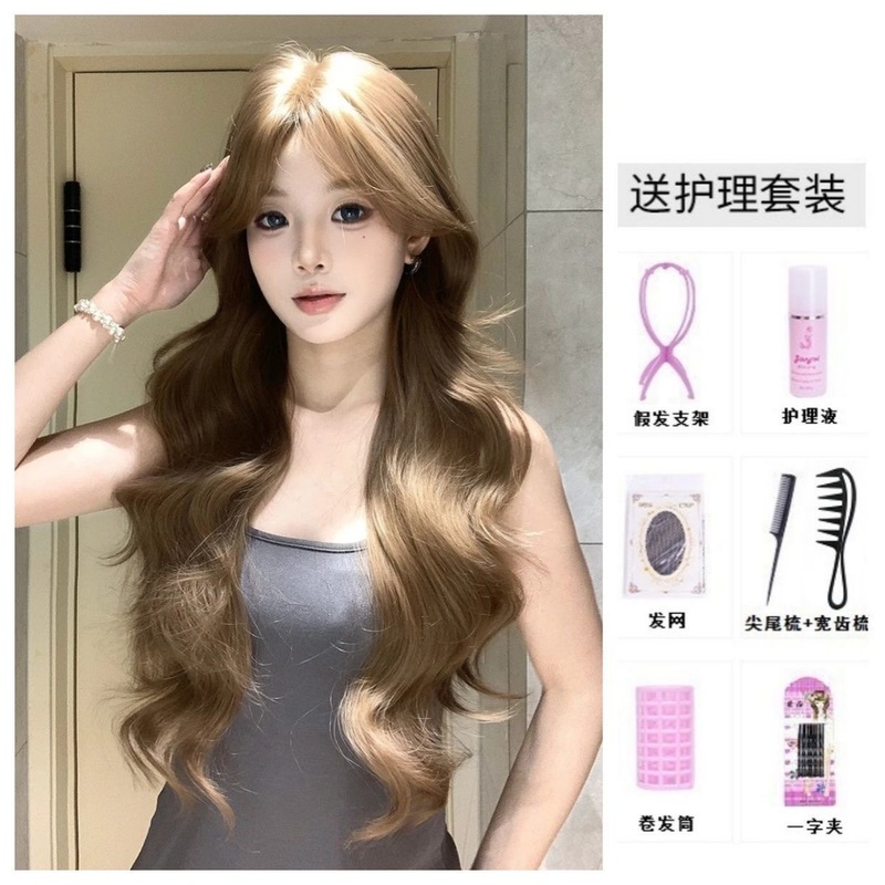 [韓国人娘] 女性用ウィッグ 新しいスタイル リネン ブラウン 気質 大きなウェーブ ロング巻き毛 軽くて通気性のあるフルヘッドギア|undefined