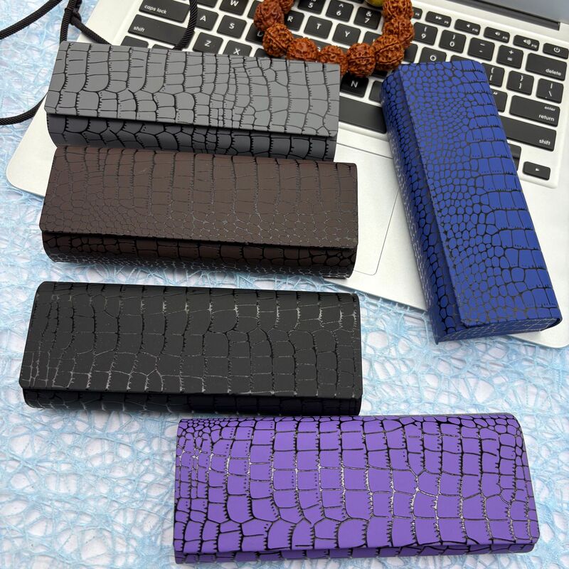Crocodile Leather Black Glasses Case Blue Purple Gray Brown Portable Optical Folding Glasses Case Simple and Pressure-Resistant