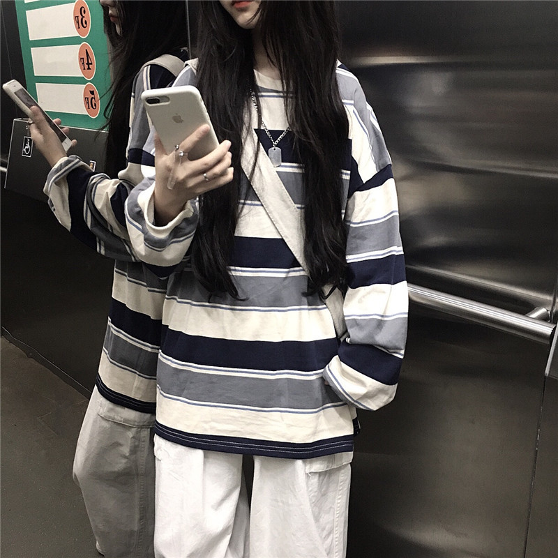 Cross-border 2021 New Fashion Striped Long-sleeved T-shirt Women's Spring Dark Style Mid-long Contrast Color Student Loose Top