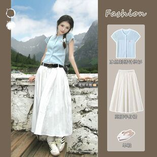 Sweet and Spicy Style Ice Silk Embroidered Sweater Suit for Women Summer High-Waisted Slim Skirt Small Fresh and Sweet Short-Sleeved Top