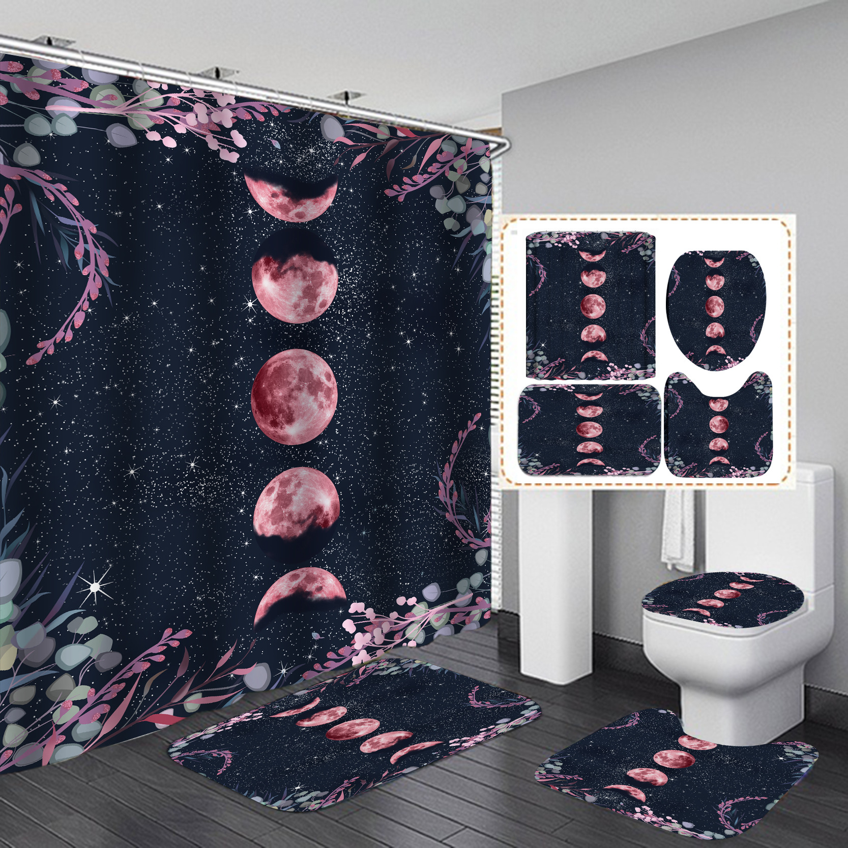 Amazon e-commerce HD impresión digital de alta gama Hotel baño flor Mang Luna partición Cortina de ducha suministro directo de fábrica
