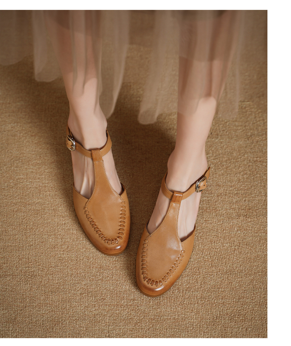 Sandal nữ mũi nhọn quai chữ T da bò gót 5 cm phong cách vintage — Màu hồng chi tiết 10