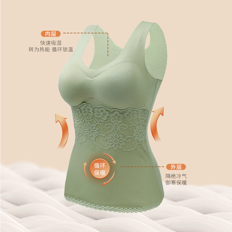 Chaleco térmico de terciopelo de calentamiento sin costuras Camiseta slim fit de mujer con almohadilla en el pecho correa de encaje ropa interior térmica a prueba de frío