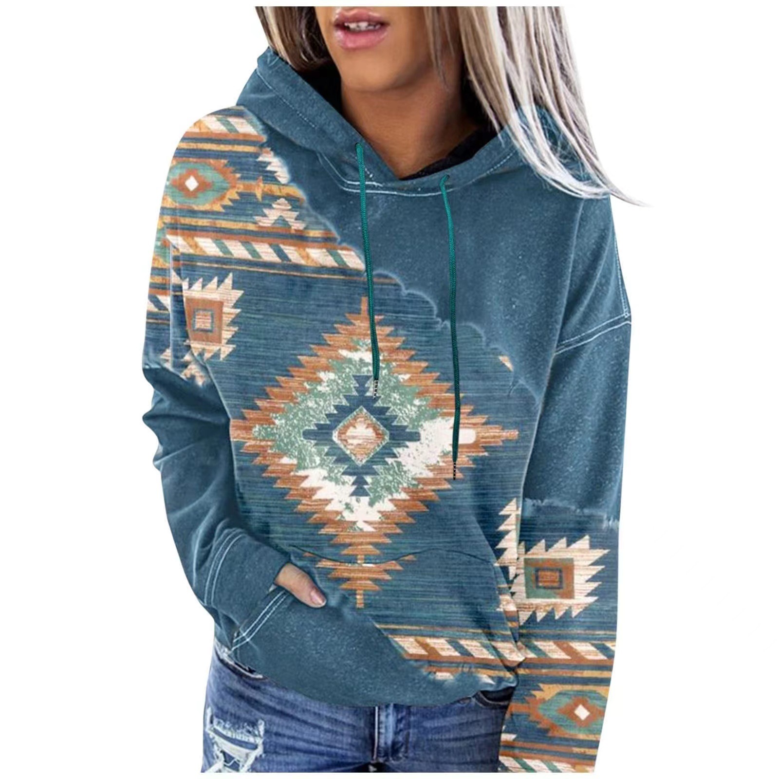 Women's Hoodie Long Sleeve Hoodies & Sweatshirts Printing Pocket Ethnic Style Argyle display picture 1