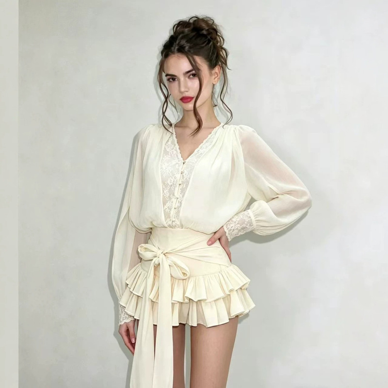 Vietnamese Niche Design Chanclo*I New Fashion Spicy Girl Long-Sleeve Waist-Cinching Bow High-Waisted Puffy Short Dress