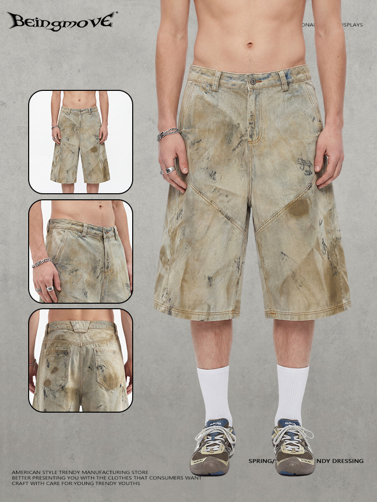 Calle secada| 2026 nuevo retro barro amarillo jeans texturas sueltas cityboy hombres pantalones de siete puntos image 3