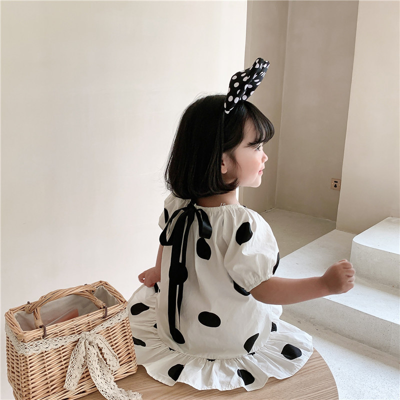 2021 new pattern Korean Edition children Dot skirt girl Easy Princess sleeves Cotton dress bow Dress