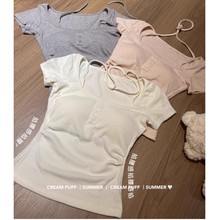 纯欲温柔bm风带胸垫假两件短袖t恤女夏季甜辣挂脖系带修身短上衣