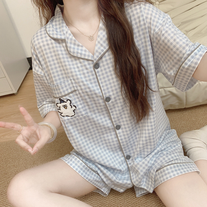 Cartoon Super Hot Line Puppy Summer Plaid Printed Short-Sleeved Pajamas for Women Soft and Comfortable Home Clothes Set Wholesale