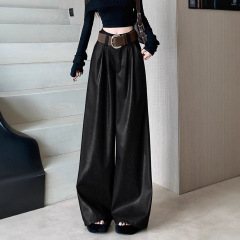 PU皮裤女秋季2025新款高腰垂感直筒宽松个性显瘦休闲阔腿拖地裤子