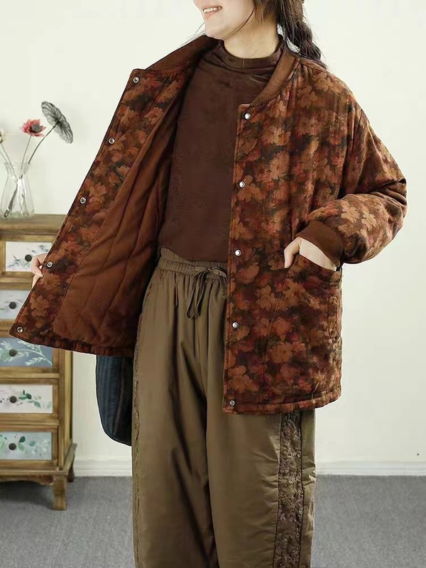 2025秋冬复古印花棉质夹棉外套棉衣女圆领宽松加厚保暖棉服上衣|undefined