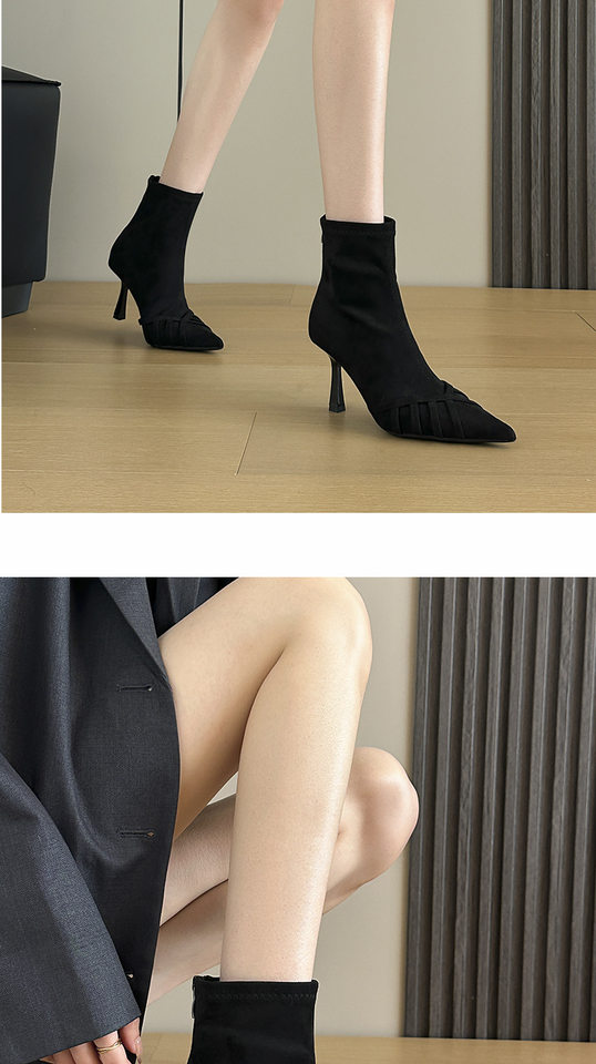 Bốt ngắn nữ ôm chân da lộn mũi nhọn khóa kéo sau gót 6–8 cm — Màu nâu, màu đen chi tiết 12
